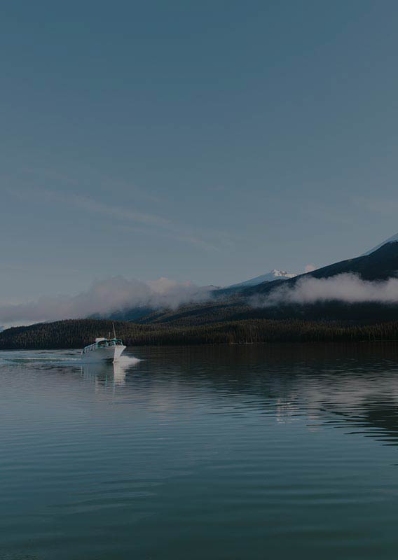 A blue and white boat cruises on a lake below a forested mountainside