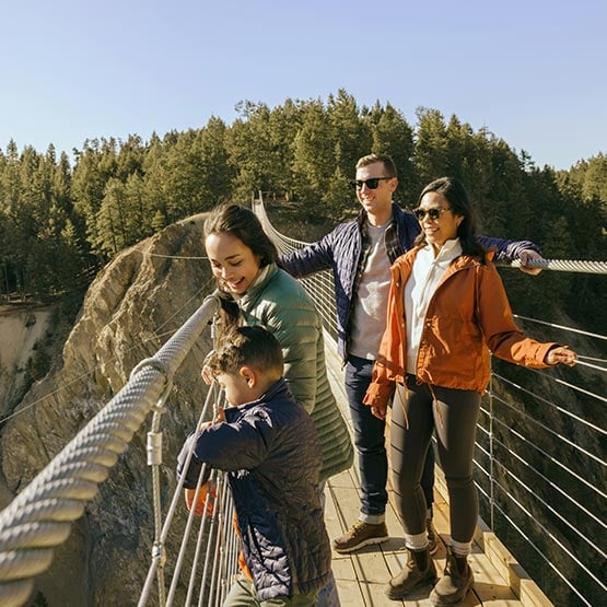 A family looking out from a wooden suspension into a canyon.